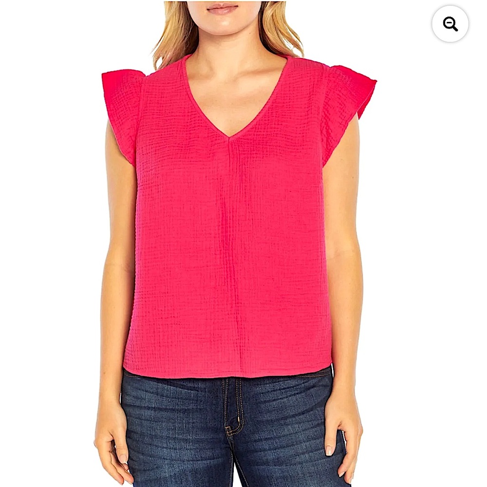Three Dots Fuchsia Cap Sleeve V-Neck Double
Layer Cotton Gauze Blouse, Size XL